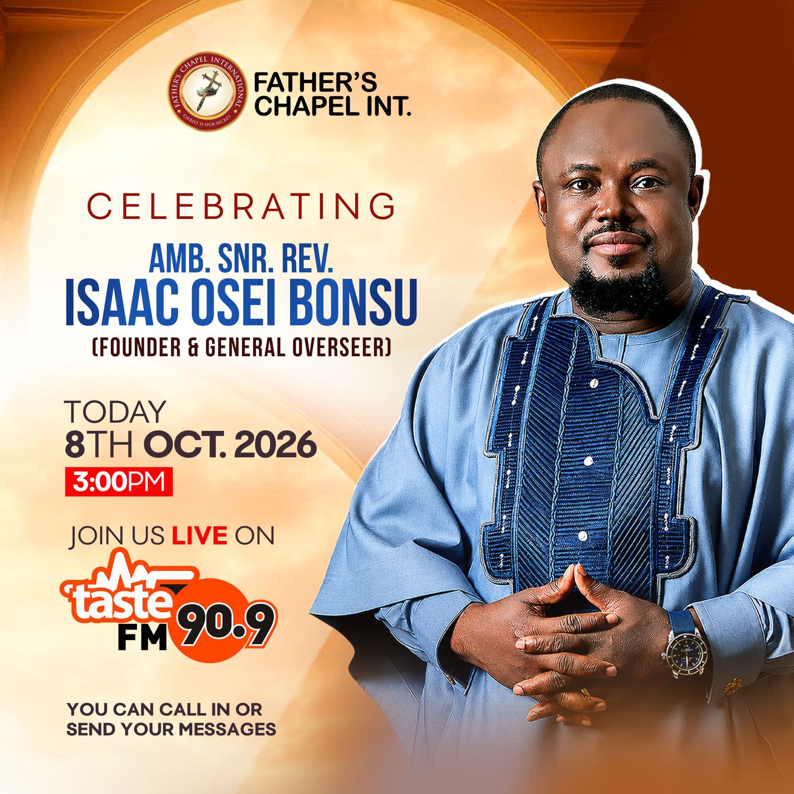 🎉🔥 A GREAT GENERAL OF FAITH DESERVES A GRAND CELEBRATION! 🔥🎉

A father, a mentor, a visionary leader, and a vessel of God’s grace! 🙏❤️

As we count down to the glorious birthday of our  — Father’s Chapel International
